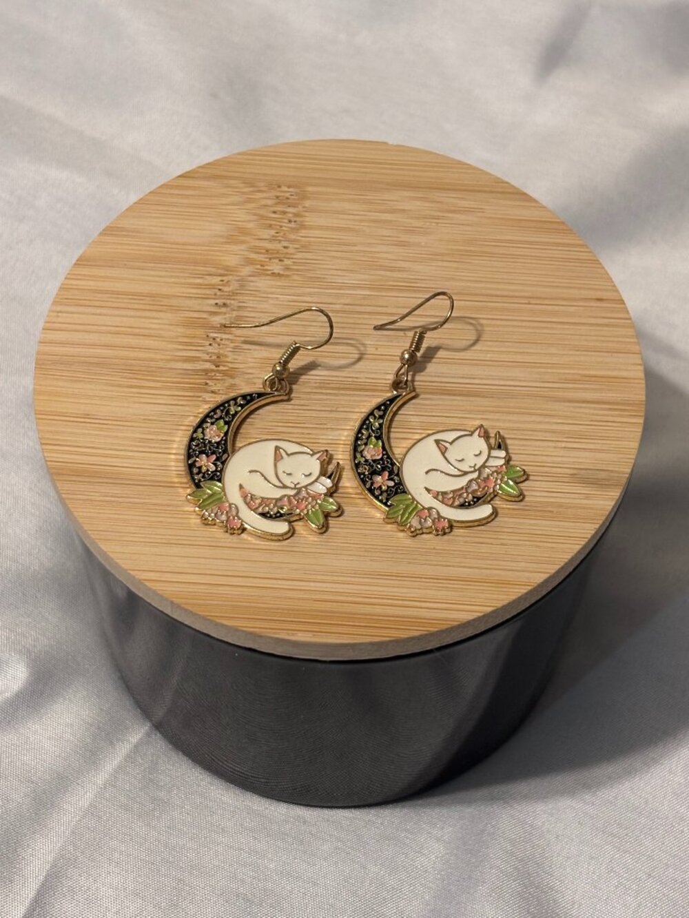 Cat Moon Dangle Earrings Gold Tone Enamel Floral Crescent Moon Sleeping Kitty